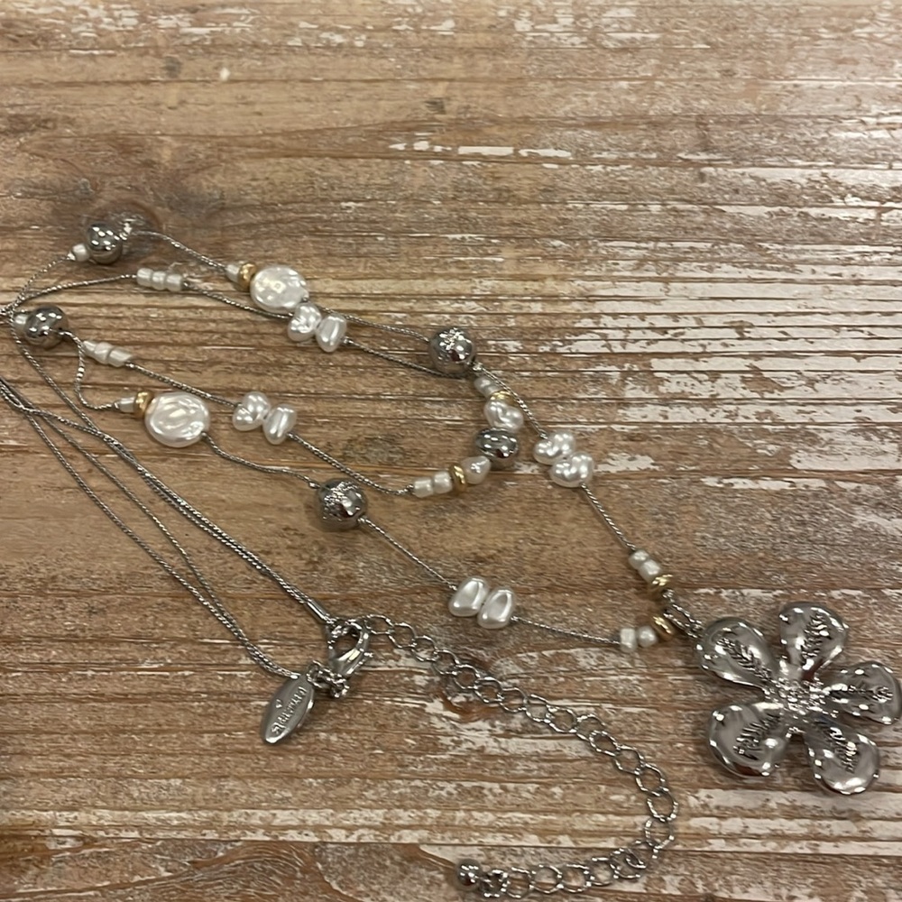 Chico’s Silver Tone Double Layer Strand Beaded Fl… - image 4